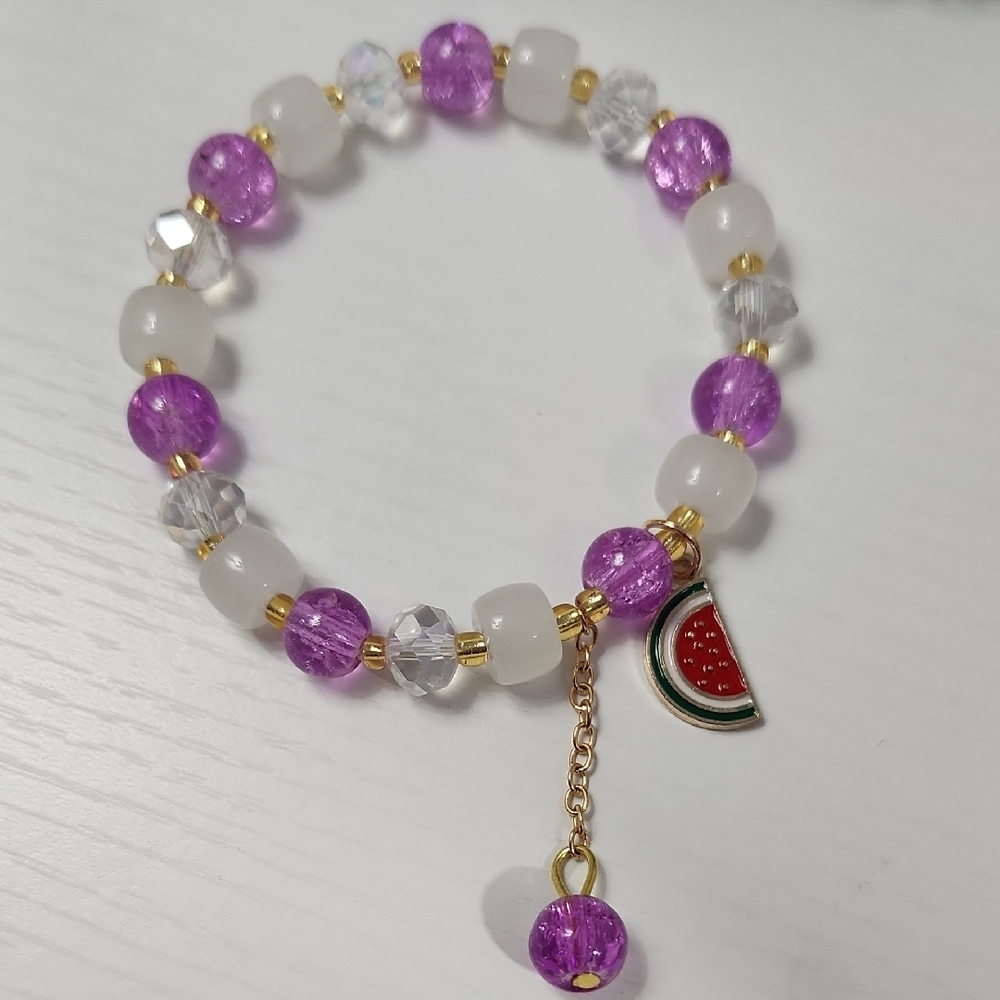 Handmade Purple and White Beaded Bracelet with Watermelon Charm